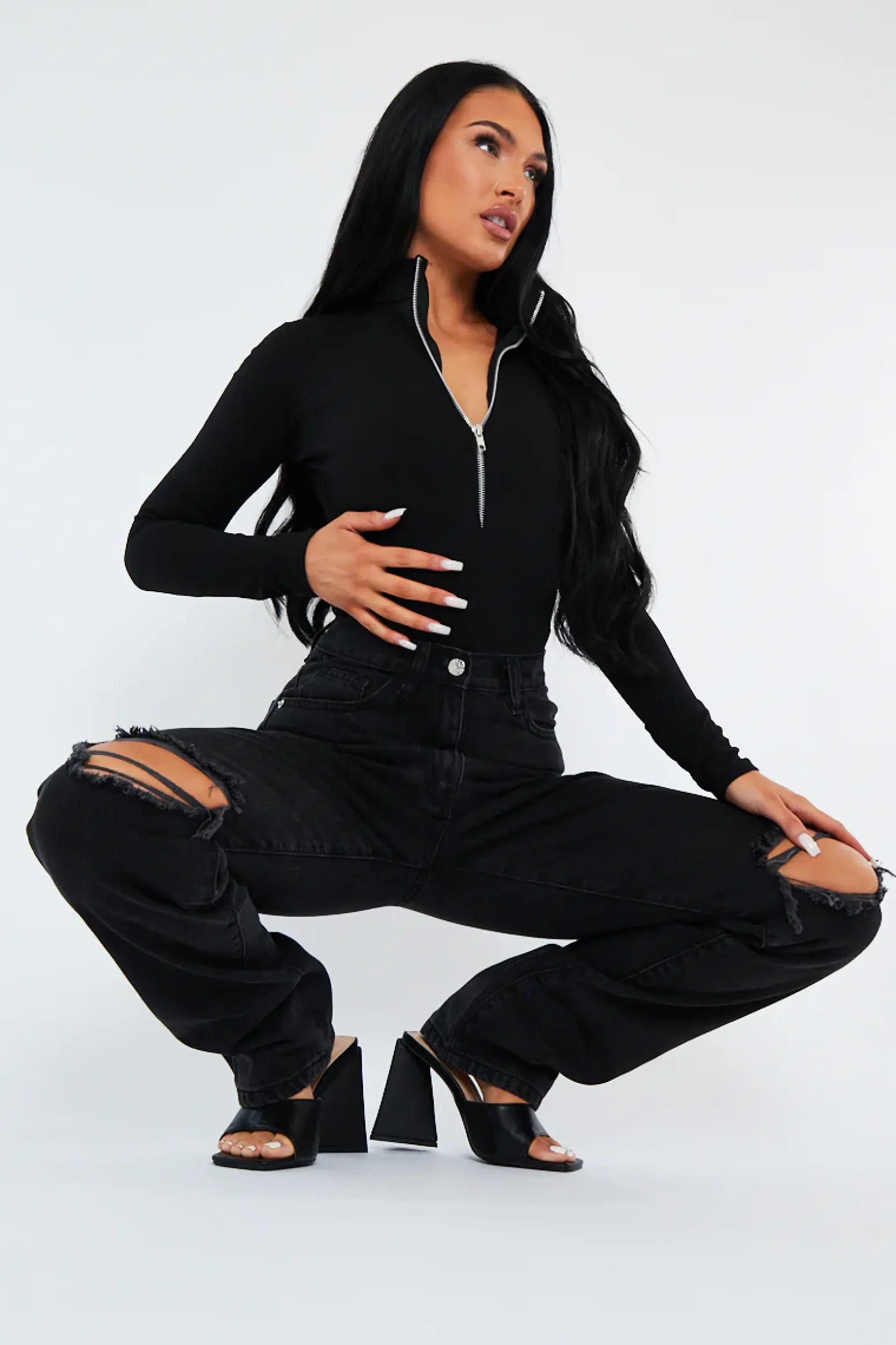 Rebellious Fashion Charcoal Denim Distressed Knee Extra Long Jeans - Ivelisse
