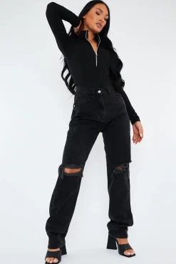 Rebellious Fashion Charcoal Denim Distressed Knee Extra Long Jeans - Ivelisse