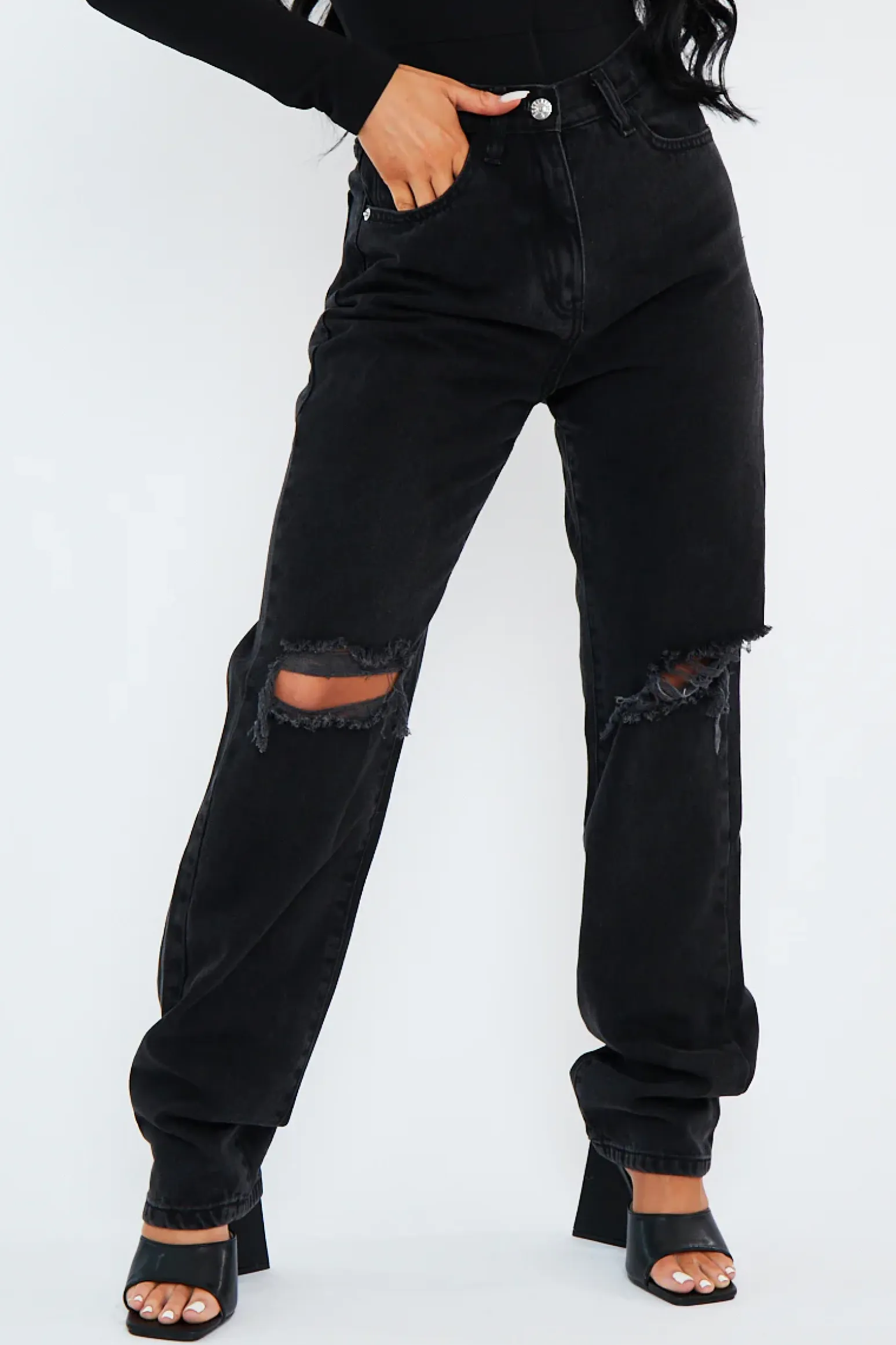 Rebellious Fashion Charcoal Denim Distressed Knee Extra Long Jeans - Ivelisse