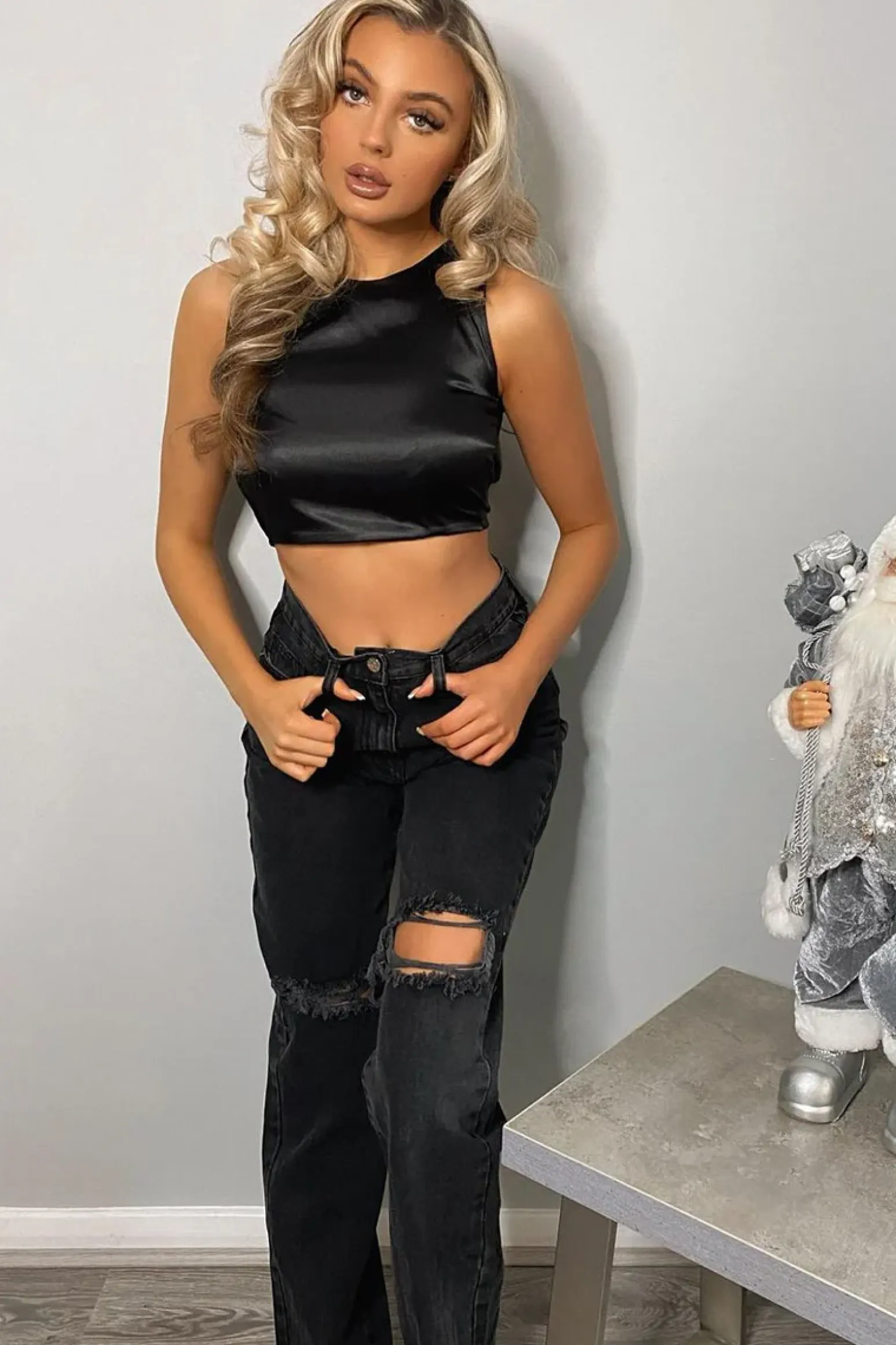 Rebellious Fashion Charcoal Denim Distressed Knee Extra Long Jeans - Ivelisse