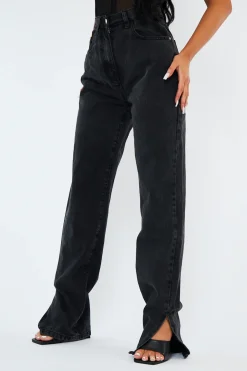 Rebellious Fashion Charcoal Denim Straight Leg Side Split Jeans - Tashi