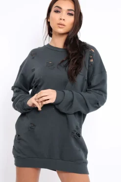 Rebellious Fashion Charcoal Distressed Detail Sweatshirt Jumper Dress - Ivy