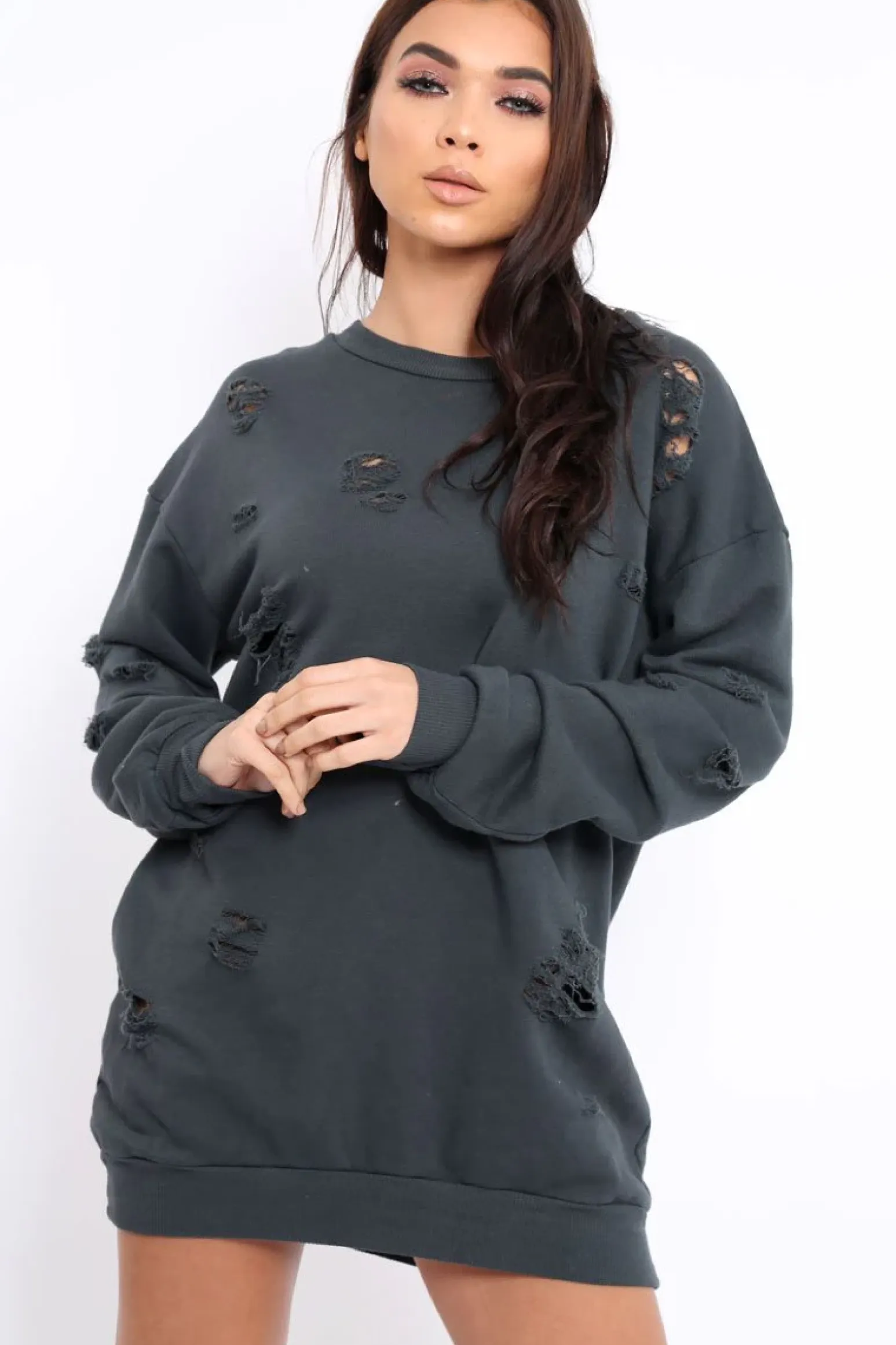 Rebellious Fashion Charcoal Distressed Detail Sweatshirt Jumper Dress - Ivy
