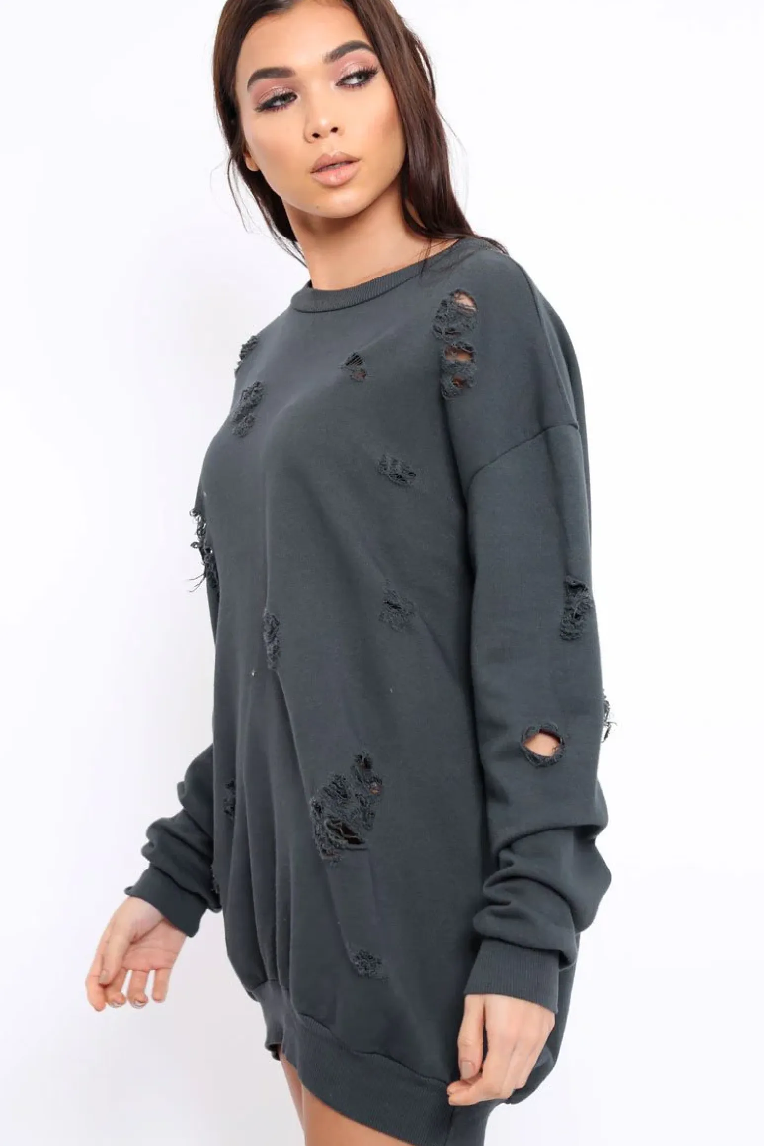 Rebellious Fashion Charcoal Distressed Detail Sweatshirt Jumper Dress - Ivy