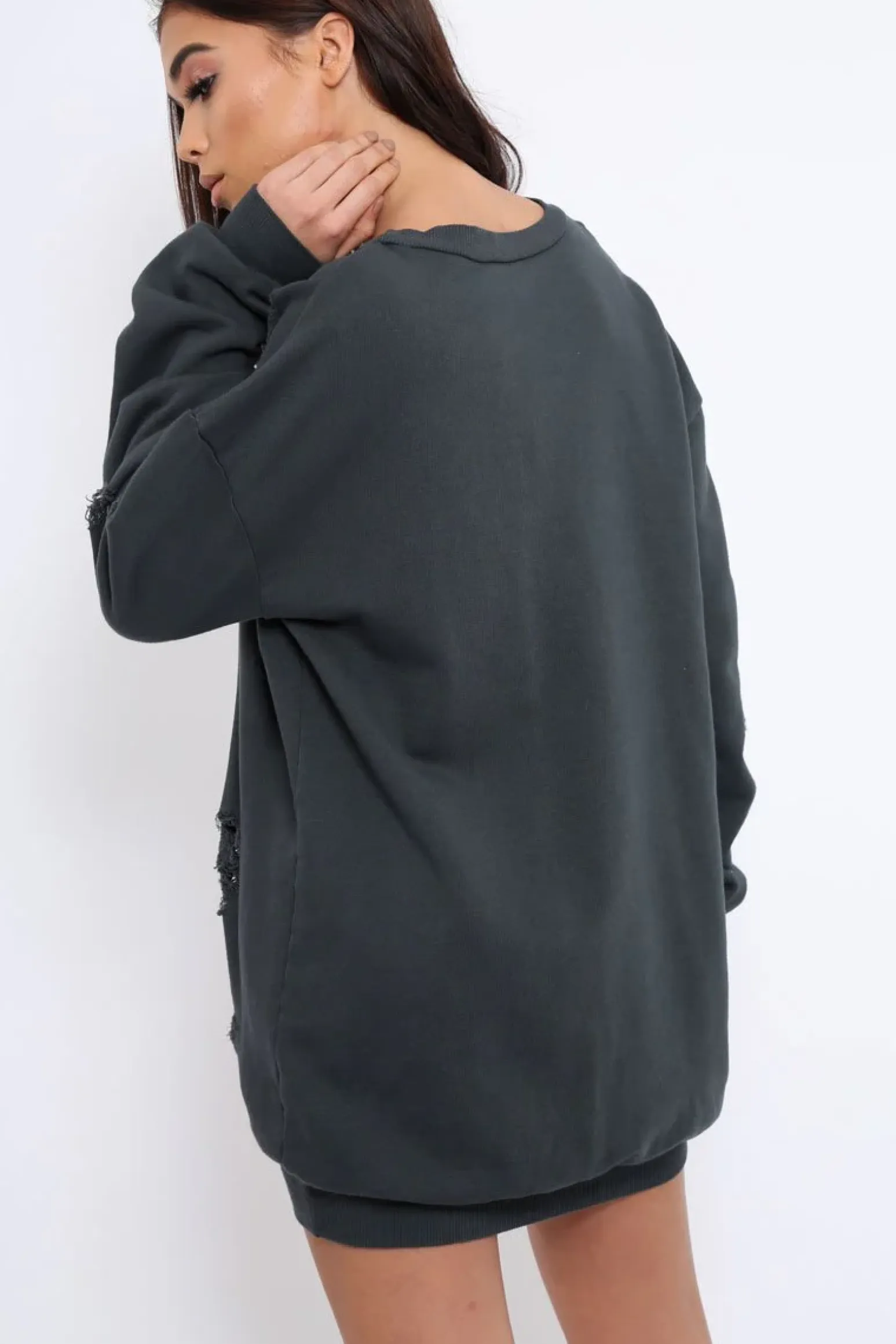 Rebellious Fashion Charcoal Distressed Detail Sweatshirt Jumper Dress - Ivy