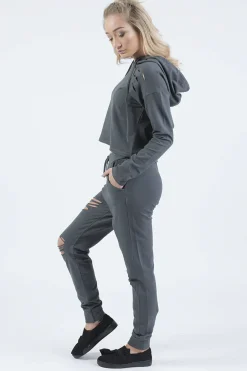 Rebellious Fashion Charcoal Distressed Hoodie Tracksuit - Mollie