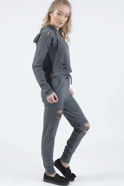 Rebellious Fashion Charcoal Distressed Hoodie Tracksuit - Mollie