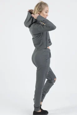 Rebellious Fashion Charcoal Distressed Hoodie Tracksuit - Mollie