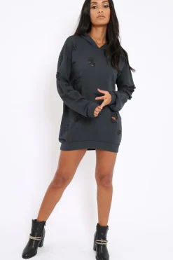 Rebellious Fashion Charcoal Distressed Oversized Hoodie - Khloe