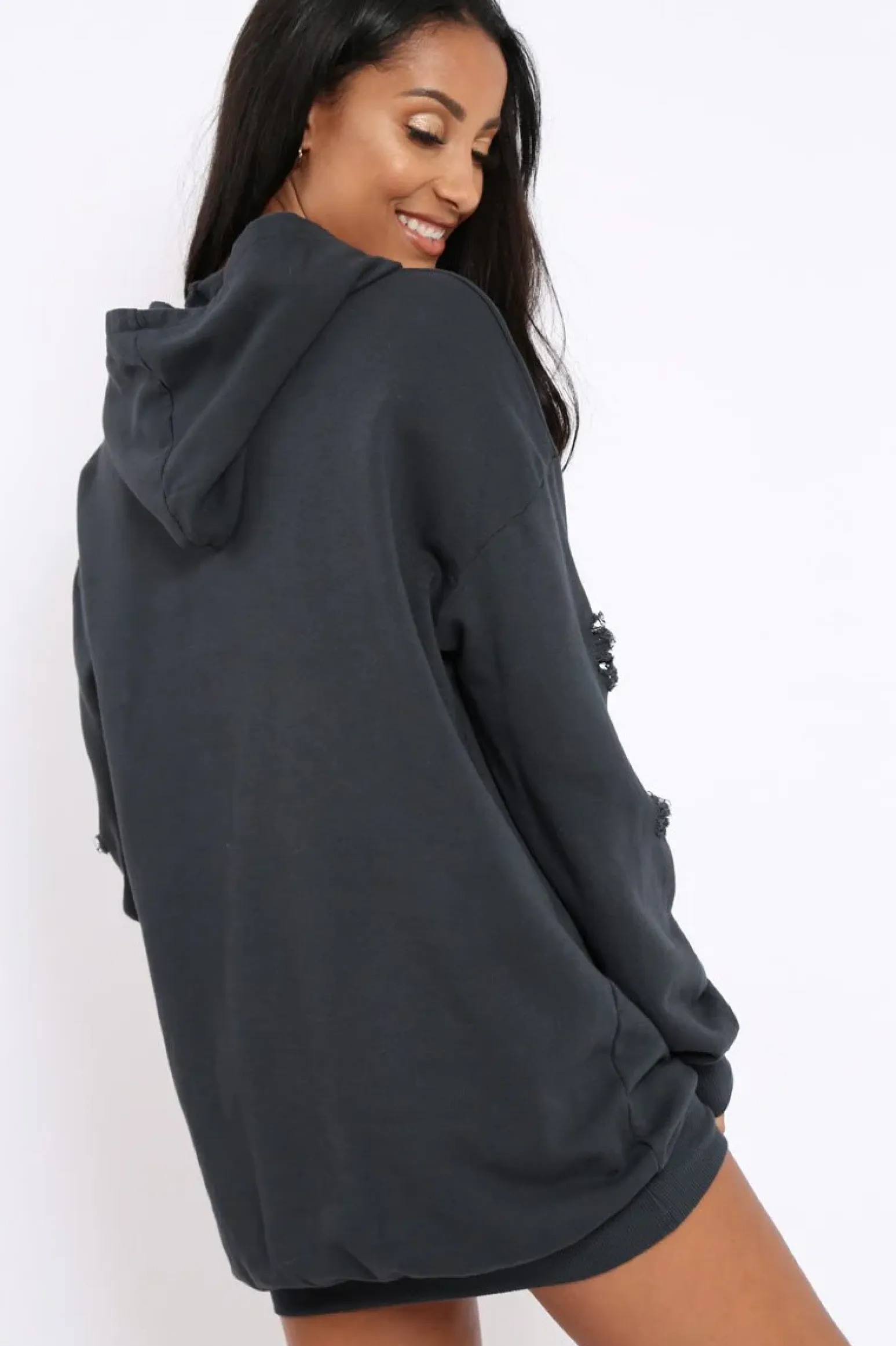 Rebellious Fashion Charcoal Distressed Oversized Hoodie - Khloe