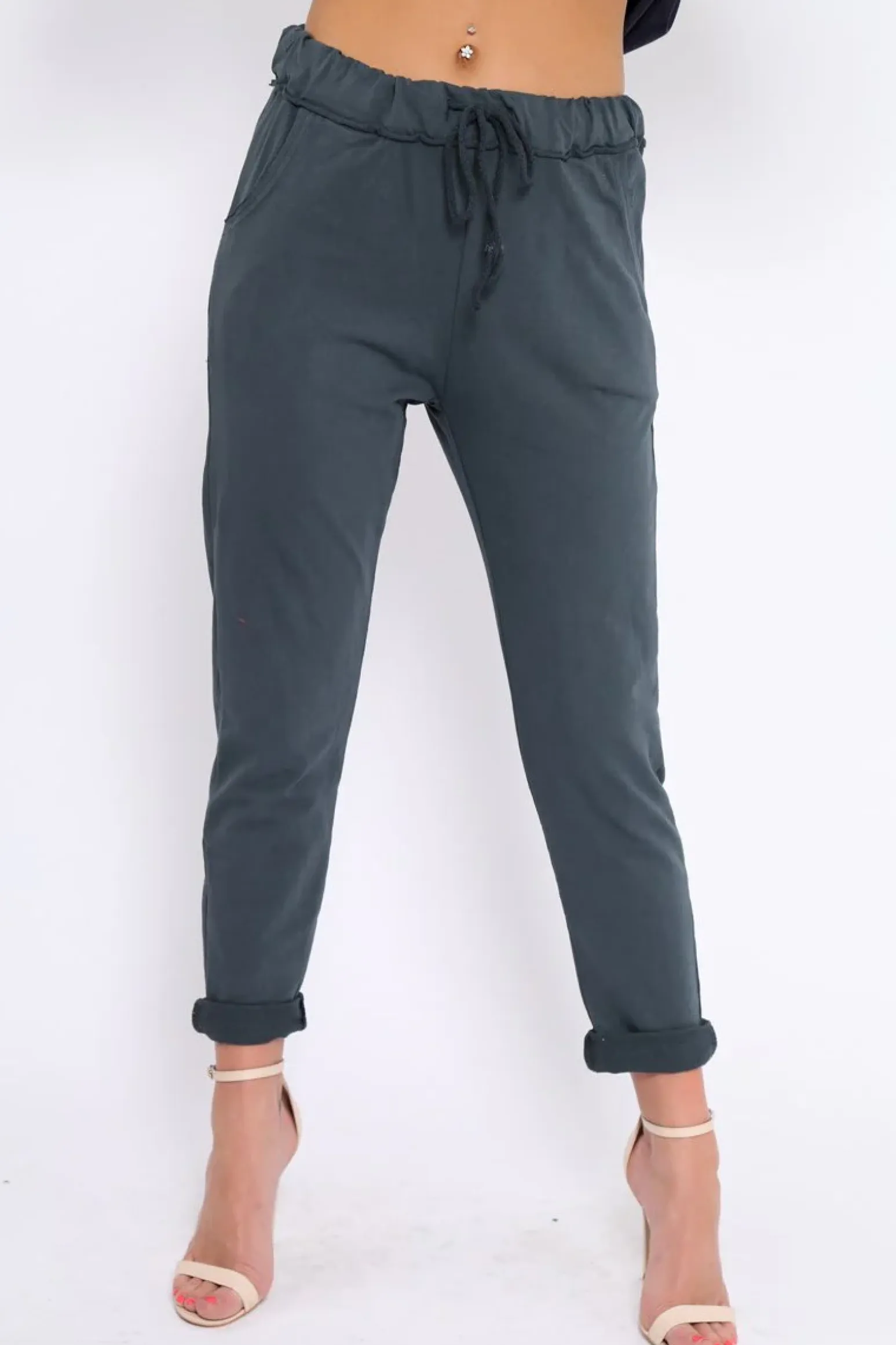 Rebellious Fashion Charcoal Elasticated Tie Waist Joggers - Cerena