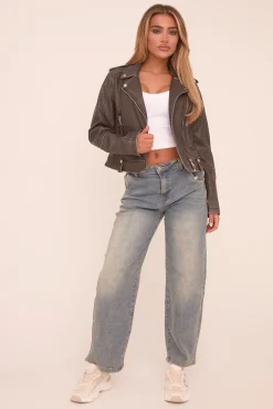 Rebellious Fashion Charcoal Faux Leather Longline Biker Jacket - Chelsea