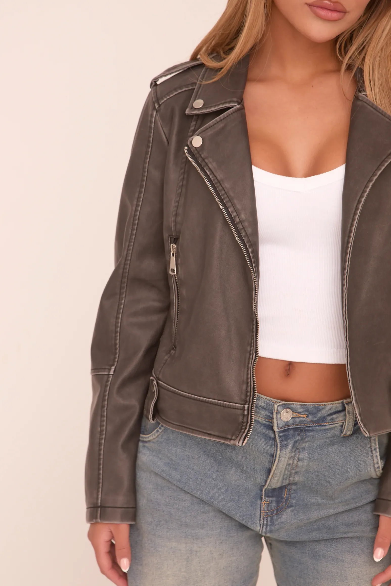 Rebellious Fashion Charcoal Faux Leather Longline Biker Jacket - Chelsea