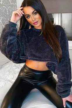 Rebellious Fashion Charcoal Fluffy Long Sleeve Crop Jumper - Noura