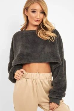 Rebellious Fashion Charcoal Fluffy Long Sleeve Crop Jumper - Noura