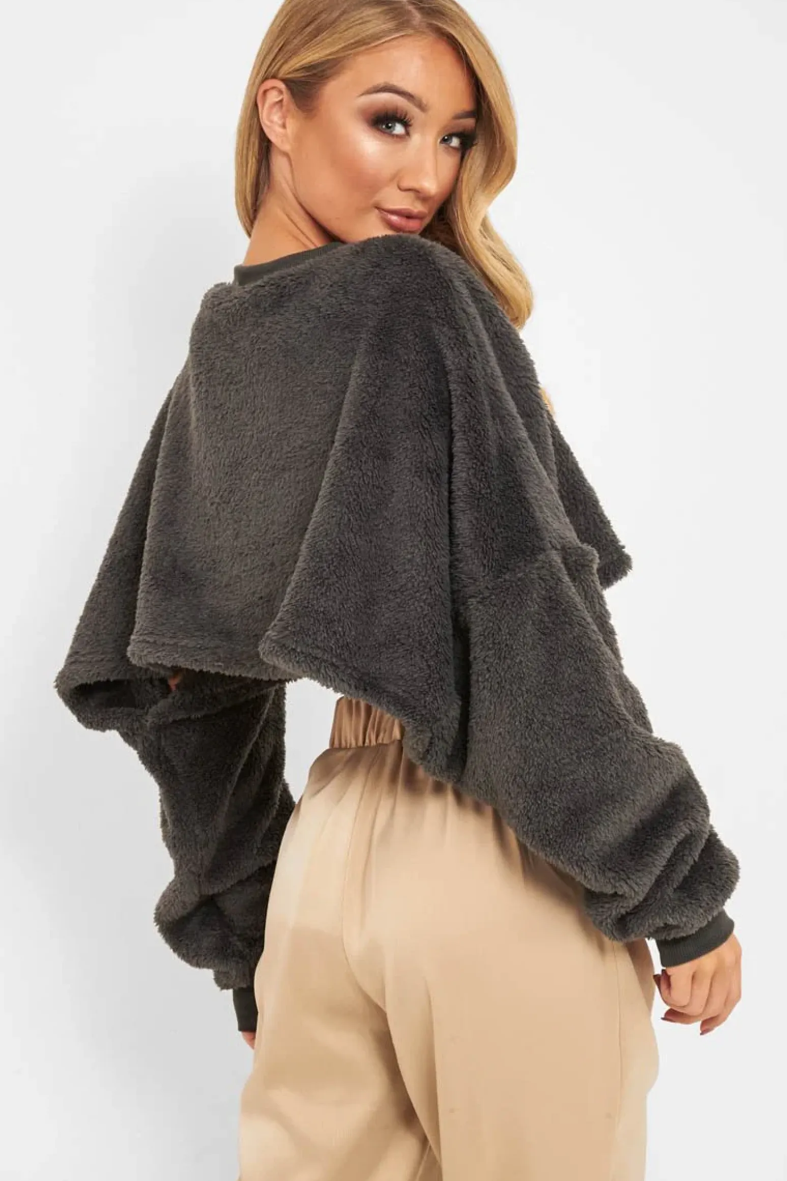 Rebellious Fashion Charcoal Fluffy Long Sleeve Crop Jumper - Noura