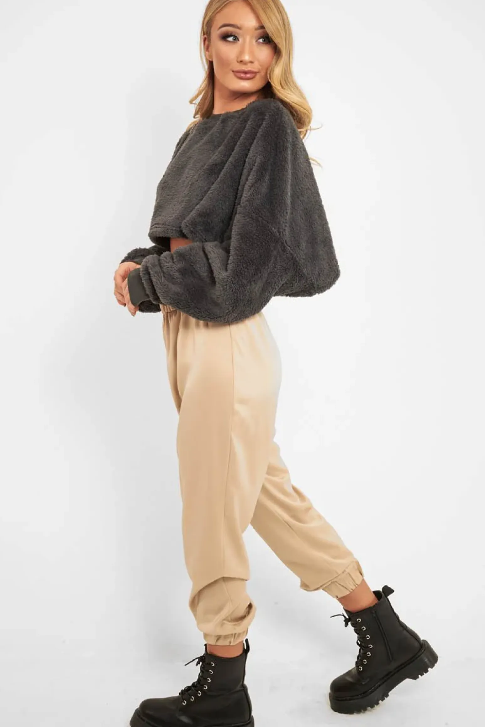 Rebellious Fashion Charcoal Fluffy Long Sleeve Crop Jumper - Noura