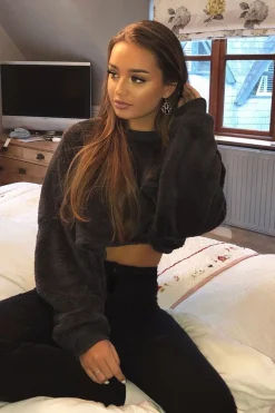 Rebellious Fashion Charcoal Fluffy Long Sleeve Crop Jumper - Noura