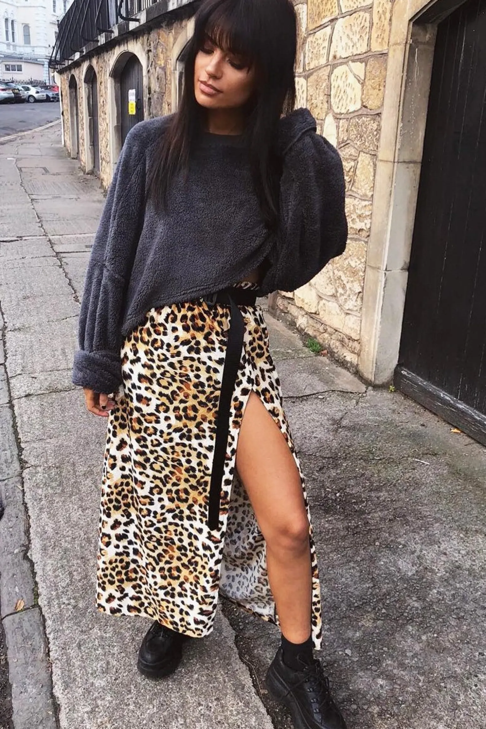Rebellious Fashion Charcoal Fluffy Long Sleeve Crop Jumper - Noura