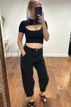 Rebellious Fashion Charcoal High Waist Turn Up Hem Mom Jeans - Karolina