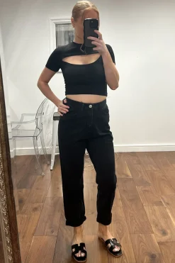 Rebellious Fashion Charcoal High Waist Turn Up Hem Wide Leg Jeans - Bianka