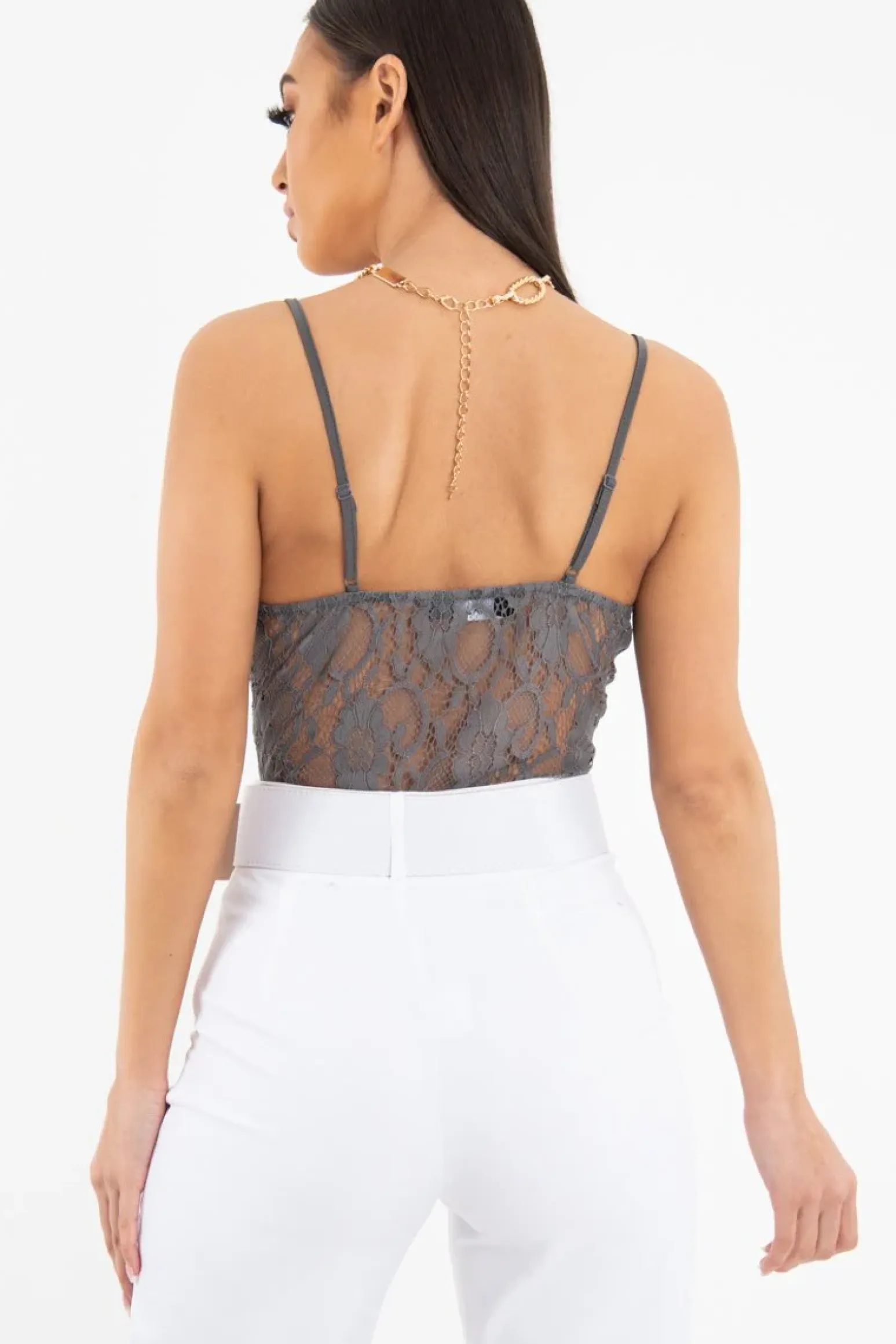 Rebellious Fashion Charcoal Lace Flower Bodysuit - Faylen