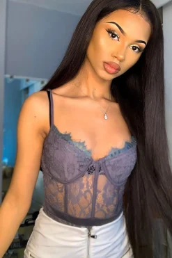 Rebellious Fashion Charcoal Lace Flower Bodysuit - Faylen