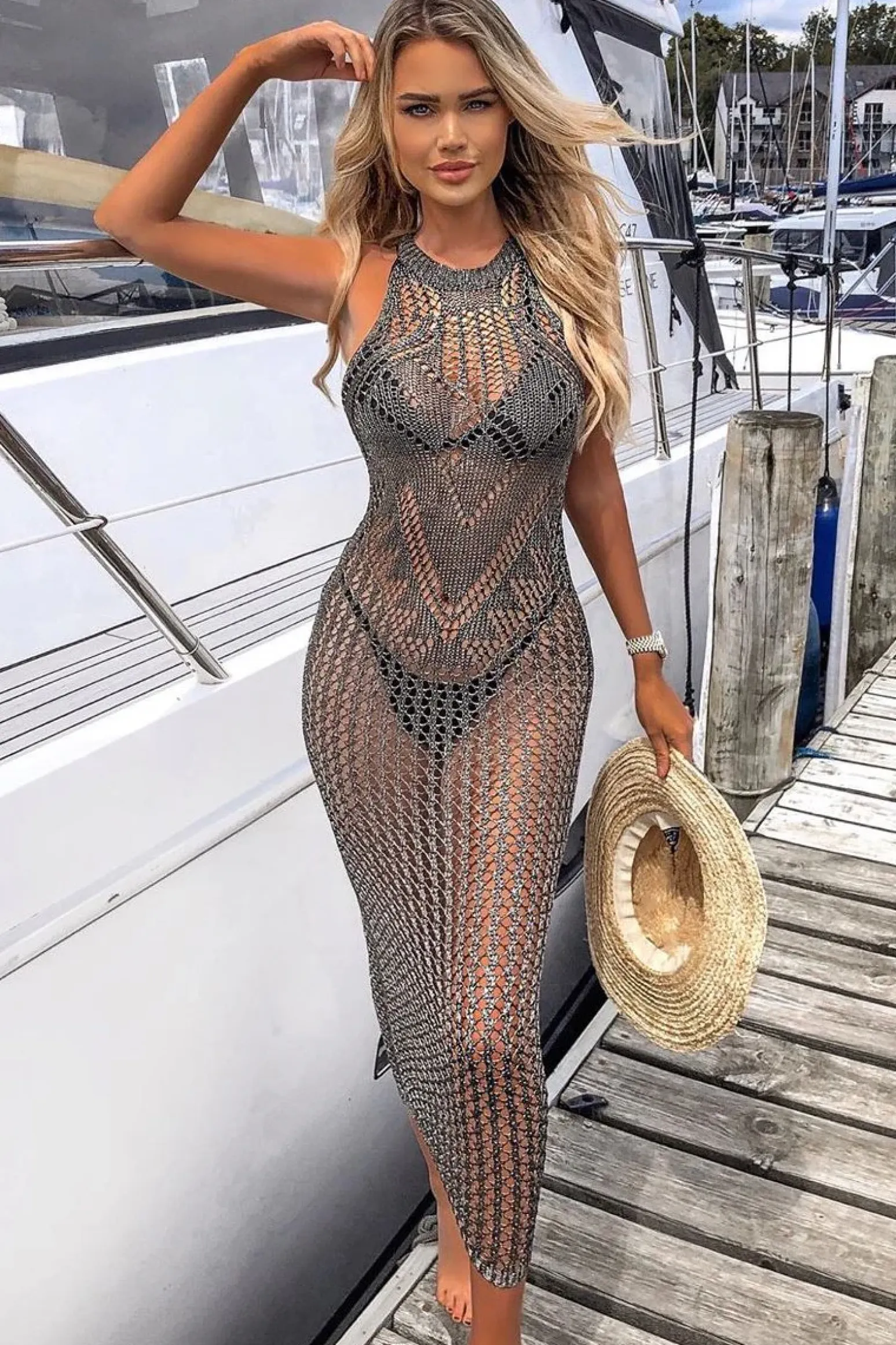 Rebellious Fashion Charcoal Metallic Mesh Maxi Dress - Helma