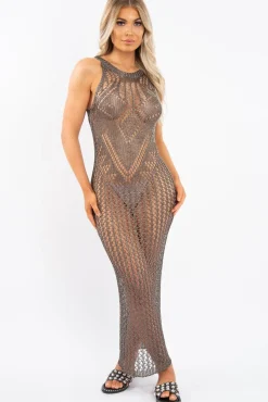 Rebellious Fashion Charcoal Metallic Mesh Maxi Dress - Helma