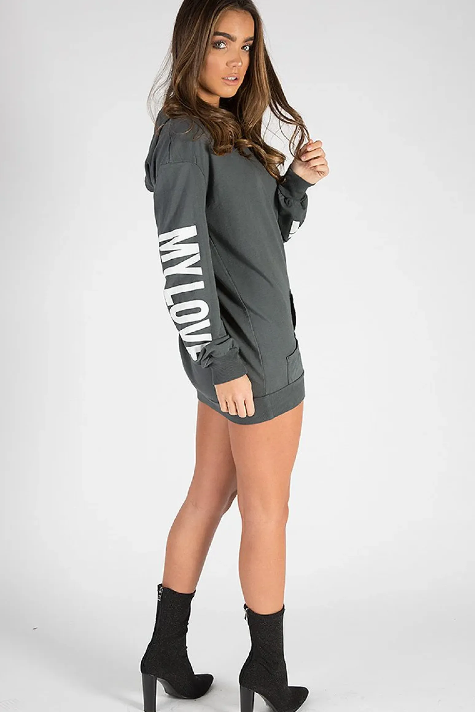 Rebellious Fashion Charcoal 'My Love' Slogan Oversized Hoodie - Tish
