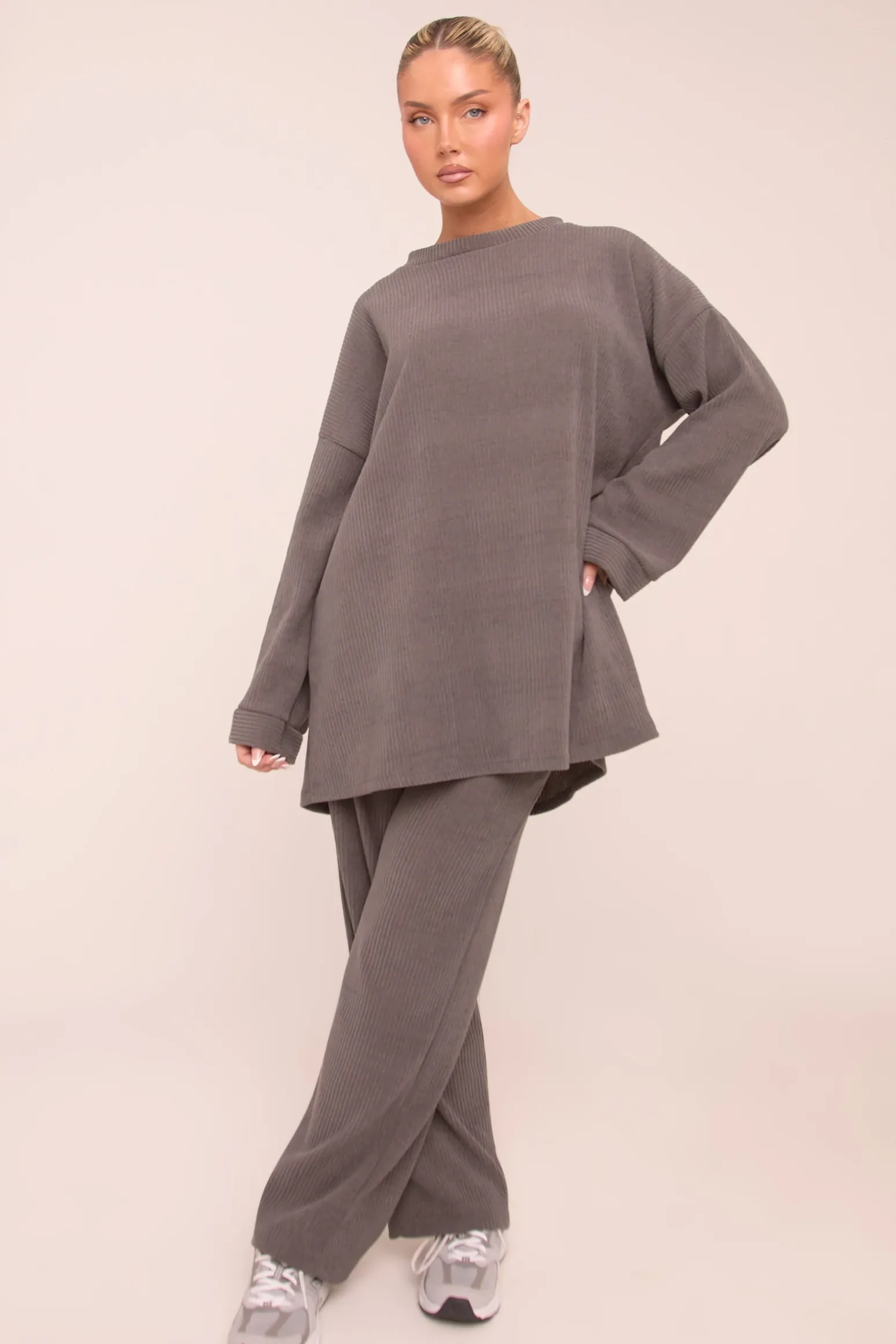 Rebellious Fashion Charcoal Oversized Top & Straight Leg Trouser Co-ord Set - Sophie
