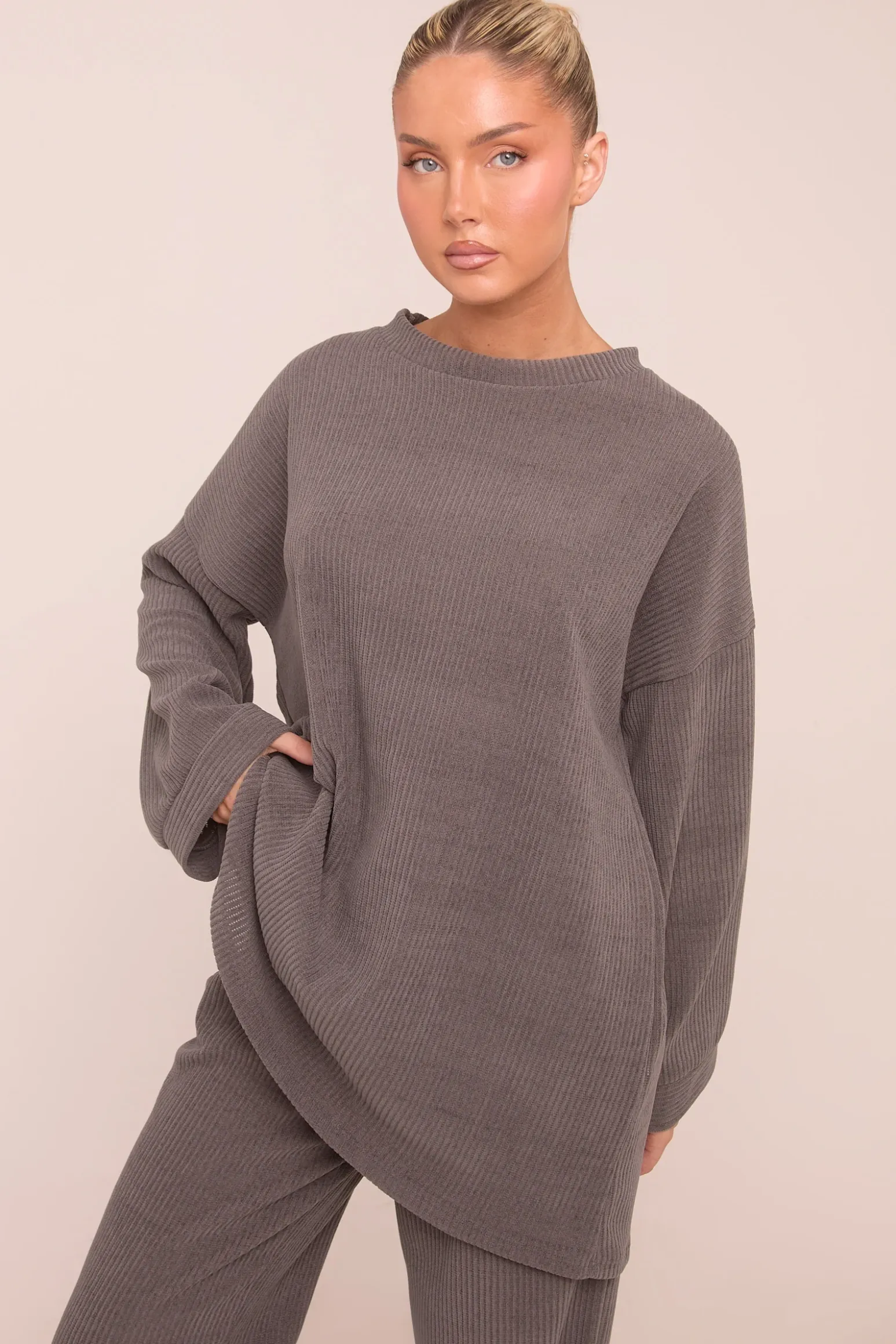 Rebellious Fashion Charcoal Oversized Top & Straight Leg Trouser Co-ord Set - Sophie