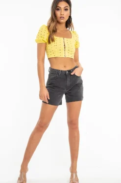 Rebellious Fashion Charcoal Raw Hem High Waist Denim Shorts - Atlanta