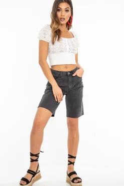 Rebellious Fashion Charcoal Raw Hem Longline Denim Shorts - Melissa