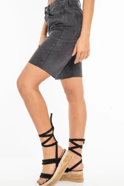 Rebellious Fashion Charcoal Raw Hem Longline Denim Shorts - Melissa