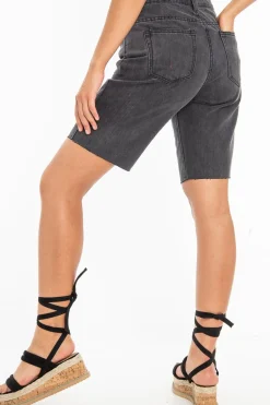 Rebellious Fashion Charcoal Raw Hem Longline Denim Shorts - Melissa