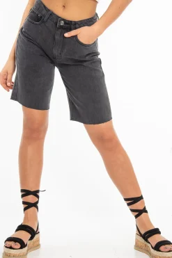 Rebellious Fashion Charcoal Raw Hem Longline Denim Shorts - Melissa