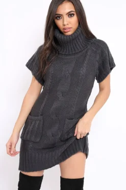 Rebellious Fashion Charcoal Roll Neck Jumper Dress - Catrina