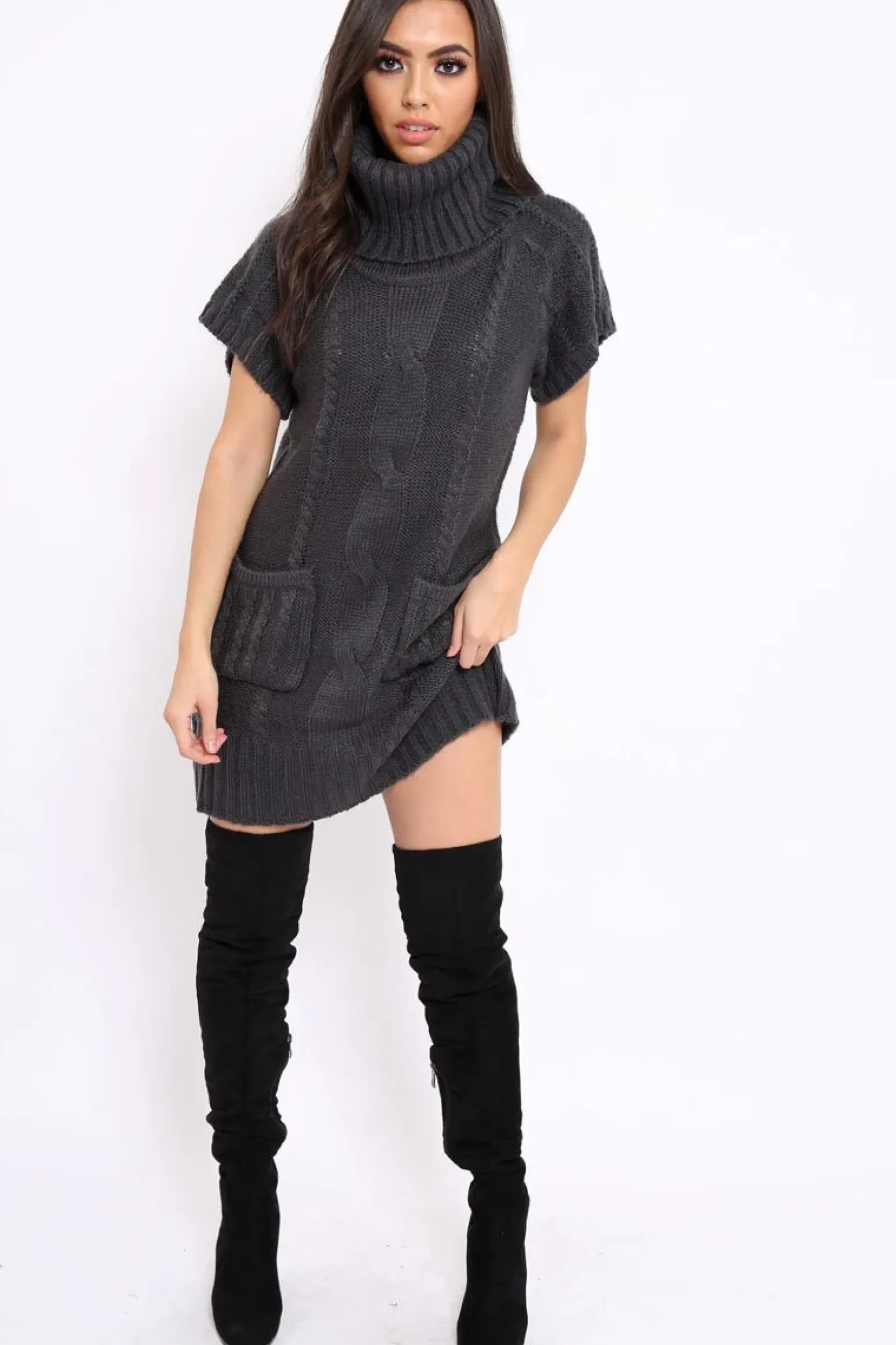 Rebellious Fashion Charcoal Roll Neck Jumper Dress - Catrina