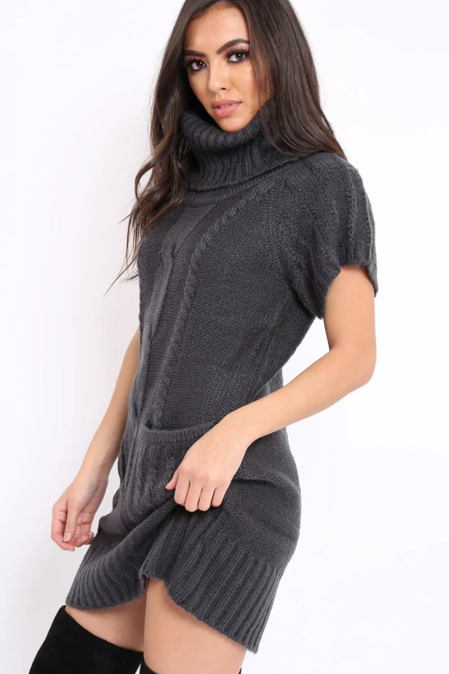 Rebellious Fashion Charcoal Roll Neck Jumper Dress - Catrina