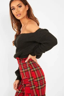 Rebellious Fashion Charcoal Slash Neck Knitted Jumper - Alessia
