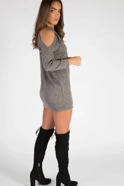 Rebellious Fashion Charcoal Soft Cold Shoulder Jumper Dress - Tina