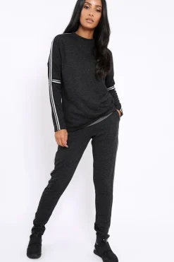 Rebellious Fashion Charcoal Sparkle Striped Loungewear Set - Shellie
