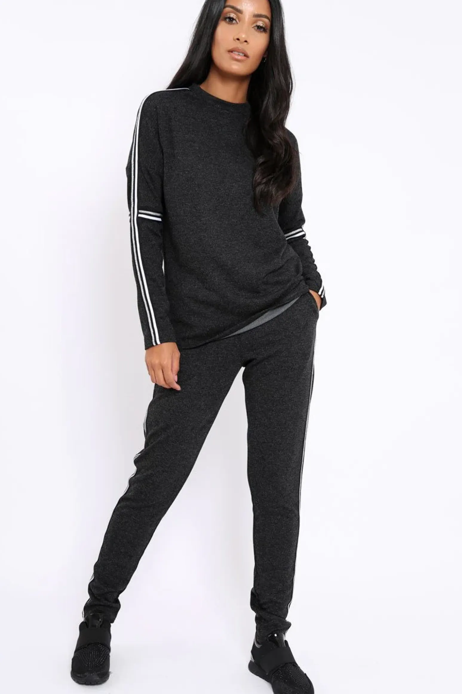 Rebellious Fashion Charcoal Sparkle Striped Loungewear Set - Shellie