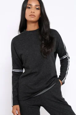 Rebellious Fashion Charcoal Sparkle Striped Loungewear Set - Shellie