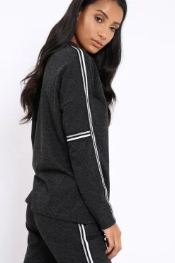 Rebellious Fashion Charcoal Sparkle Striped Loungewear Set - Shellie