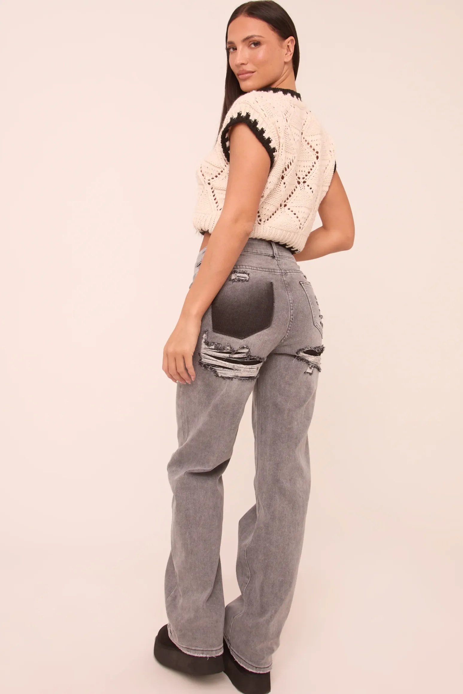 Rebellious Fashion Charcoal Stretch Distressed Mid Waist Straight Leg Jeans - Annette