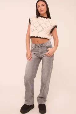 Rebellious Fashion Charcoal Stretch Distressed Mid Waist Straight Leg Jeans - Annette