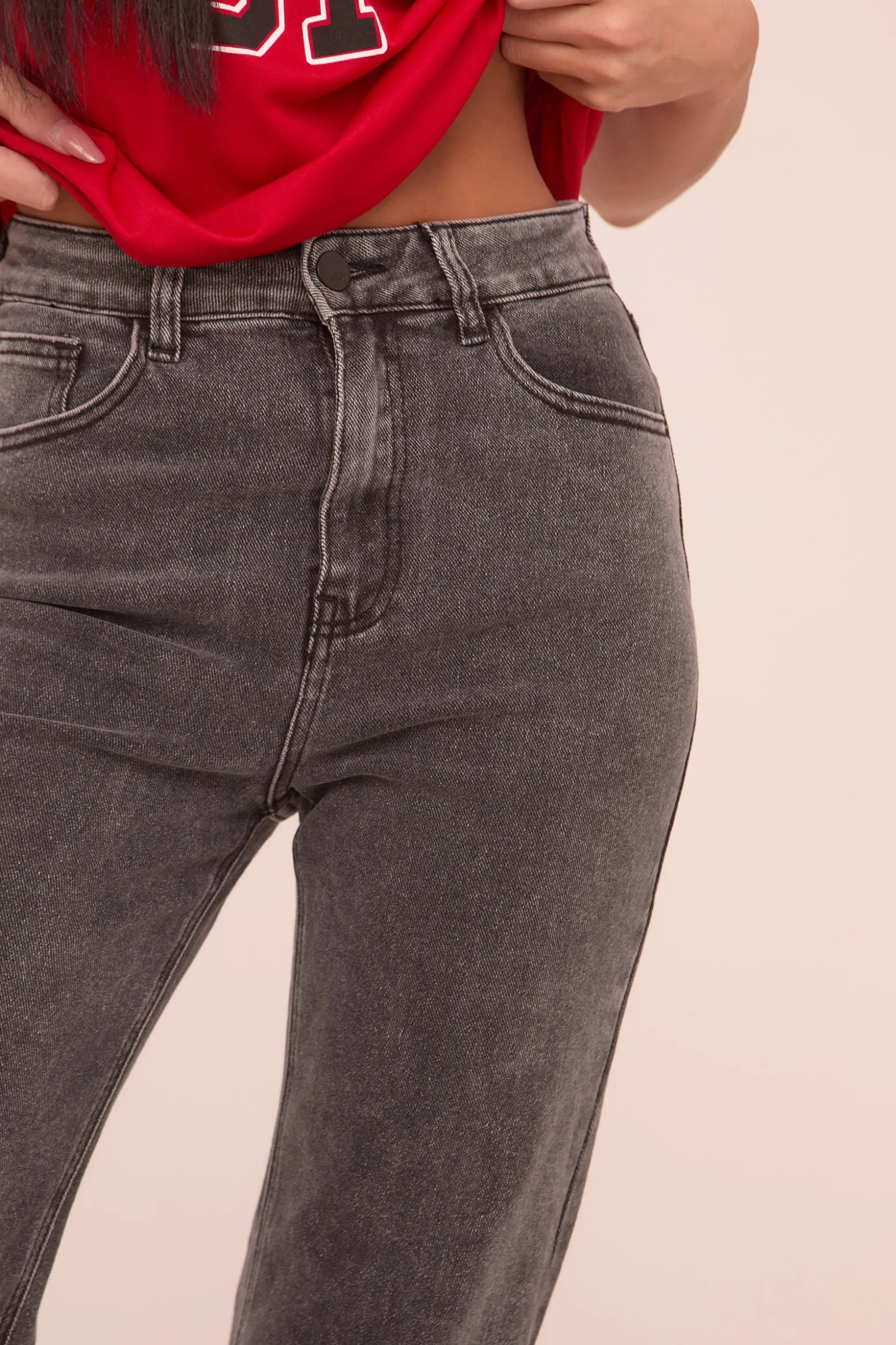 Rebellious Fashion Charcoal Stretch Mid Waist Straight Leg Frayed Hem Denim Jeans - Venus