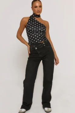 Rebellious Fashion Charcoal Wash Asymmetric Waist Wide Leg Jeans - Christi